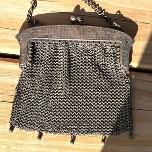 Antique Genuine German Silver Mesh Purse 5" x 5" with 8.5" Strap Drop
